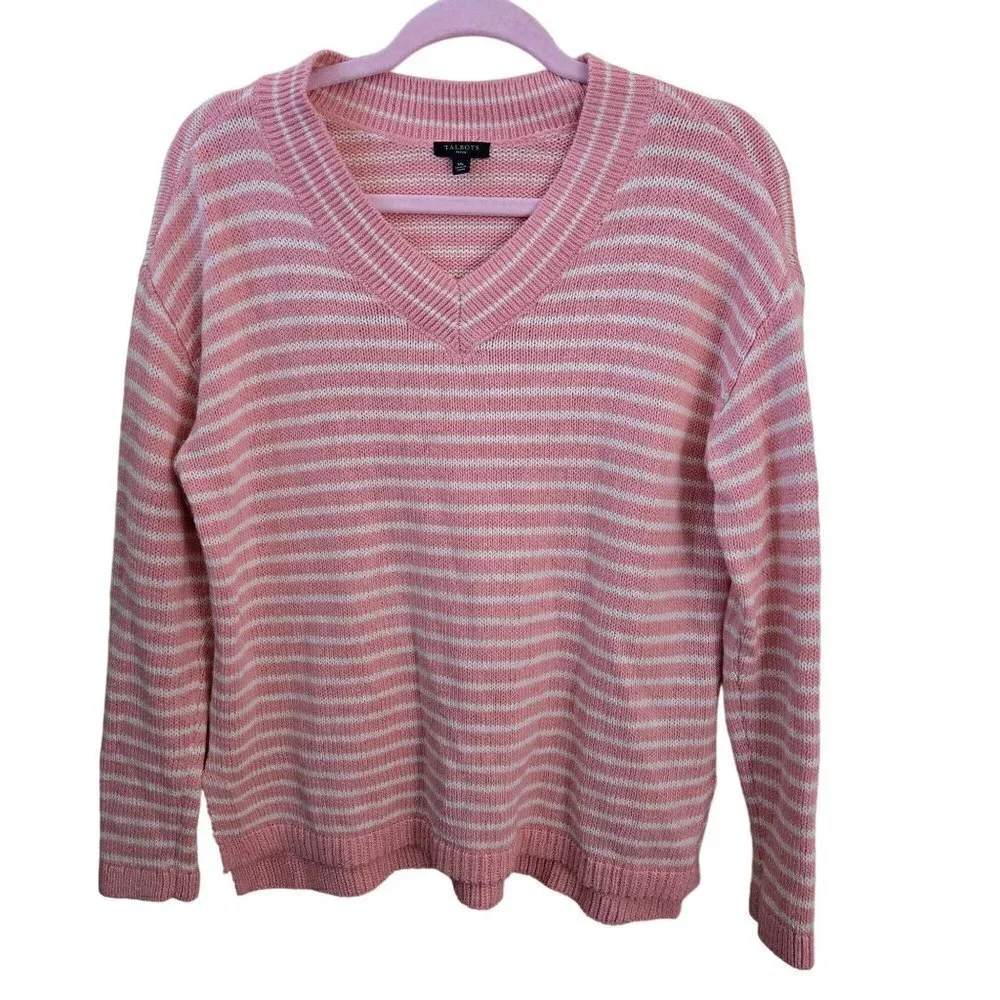 Talbots Striped Pink Linen Blend V Neck Sweater Size Mp